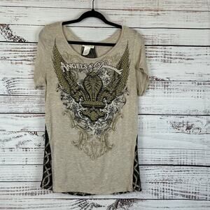 Women's Y2K Biker Angels & Diamonds Tan Black Lace Back Graphic Rhinestone Top L